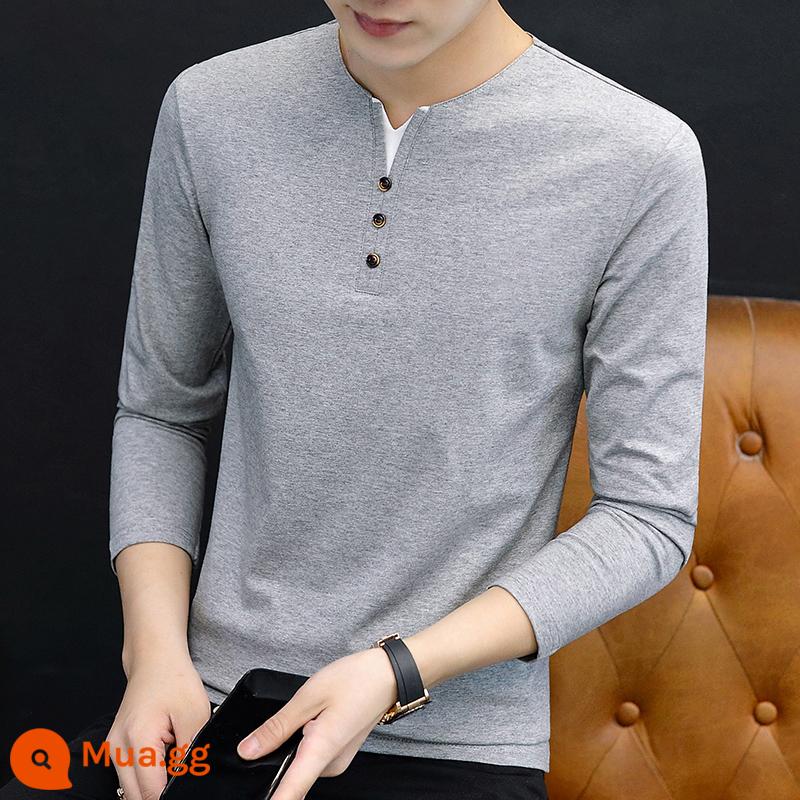 Nam Cực dài -Sleeved t -shirt Mùa xuân và mùa thu 2022 New V -neck Tide Brand Versatile bottom Shirt - 126 màu xám