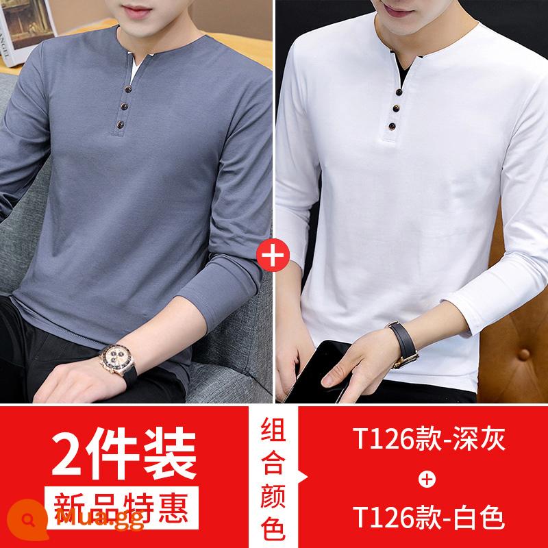 Nam Cực dài -Sleeved t -shirt Mùa xuân và mùa thu 2022 New V -neck Tide Brand Versatile bottom Shirt - 126 xám đậm + 126 trắng