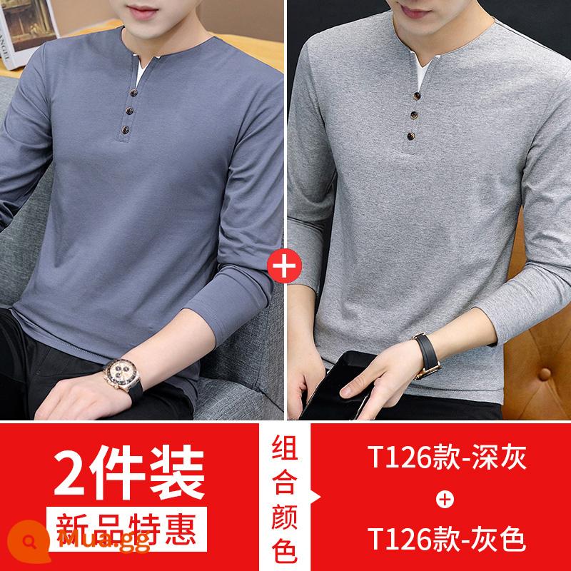 Nam Cực dài -Sleeved t -shirt Mùa xuân và mùa thu 2022 New V -neck Tide Brand Versatile bottom Shirt - 126 xám đậm + 126 xám