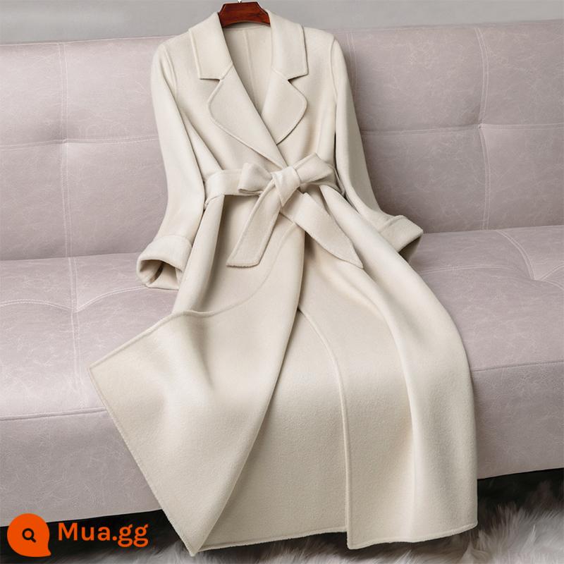 Áo khoác cashmere hai mặt phiên bản dài trung bình của phụ nữ 2022 mới mỏng buộc áo khoác len cao cấp màu xanh hồ thu đông - Bảo hiểm vận chuyển miễn phí màu trắng nhạt