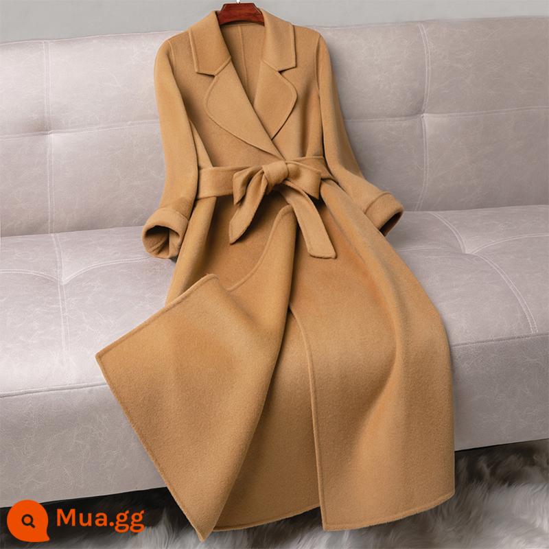 Áo khoác cashmere hai mặt phiên bản dài trung bình của phụ nữ 2022 mới mỏng buộc áo khoác len cao cấp màu xanh hồ thu đông - Bảo hiểm miễn phí vận chuyển lạc đà