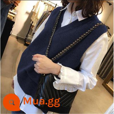 100% cashmere vest nữ dáng rộng cổ chữ V ấm áp không tay size lớn len vest áo len dệt kim áo khoác ngoài mùa thu đông - xanh hải quân