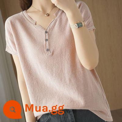 Áo thun cotton và vải lanh nữ ngắn tay dệt kim màu trơn cổ chữ V mới cho nữ áo phông nửa tay phiên bản Hàn Quốc có đáy mùa hè - màu hồng nhạt