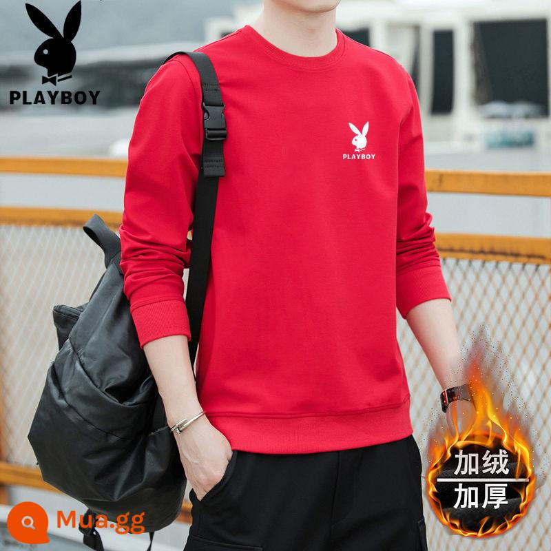 Playboy nguyên chất cotton giản dị cho nam mùa xuân và mùa thu áo thun cổ tròn dài tay áo thun nam nhung đáy áo sơ mi - Đỏ [1 mảnh cotton nguyên chất] cộng với nhung