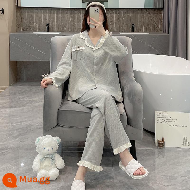 Bộ đồ ngủ mùa xuân và mùa thu dành cho nữ, cotton nguyên chất kích thước lớn, giản dị mới, có thể được mặc bên ngoài thời trang Internet, bộ đồ phục vụ tại nhà cao cấp theo phong cách người nổi tiếng - OA-S1339-xám nhạt