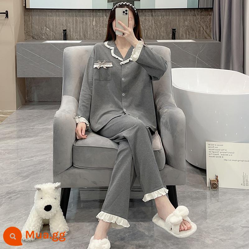 Bộ đồ ngủ mùa xuân và mùa thu dành cho nữ, cotton nguyên chất kích thước lớn, giản dị mới, có thể được mặc bên ngoài thời trang Internet, bộ đồ phục vụ tại nhà cao cấp theo phong cách người nổi tiếng - OA-S1339-Xám đậm