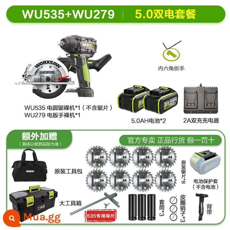 Vickers WU535XWU533 không chổi than sạc chế biến gỗ lithium di động điện cưa tròn máy công cụ điện - Pin kép và sạc kép WU535+WU279-5.0 [gửi 8 lưỡi cưa chính hãng + thước dẫn hướng + vỏ bảo vệ pin + hộp dụng cụ]