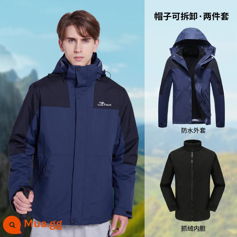 Thương hiệu lớn cùng phong cách 2022 New Cook Shark Jacket nam nữ ba trong một có thể tháo rời cộng nhung dày dặn chống gió chống thấm nước - Nam màu xanh đậm