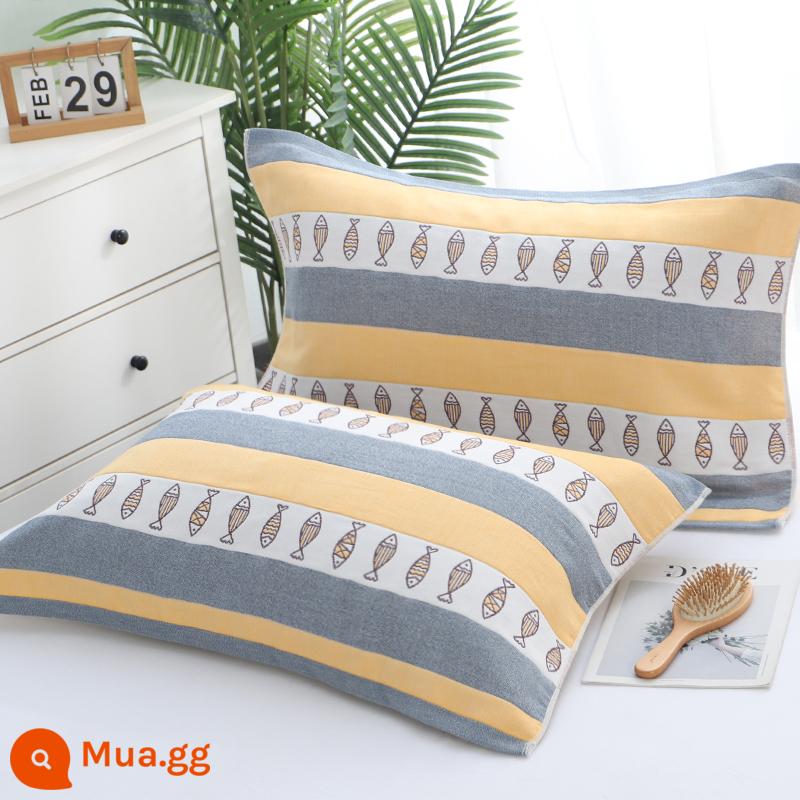 Khăn gối cotton nguyên chất cotton gạc dày vài gối đầu khăn một đôi người lớn Plus bốn mùa gối đơn bao khăn - Một cặp cá đù nhỏ màu vàng và cá đù xanh