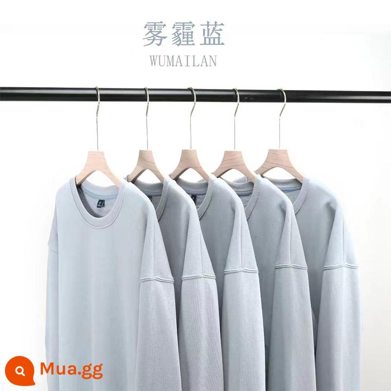 Áo thun cotton nguyên chất có in logo theo yêu cầu, quần áo làm việc bằng nhung mùa thu đông, đồng phục cổ tròn tùy chỉnh, tay dài, quần áo làm việc in theo yêu cầu - màu xanh sương mù