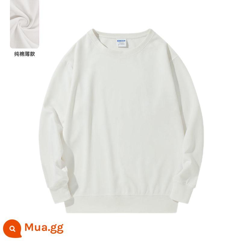 Áo thun cotton nguyên chất có in logo theo yêu cầu, quần áo làm việc bằng nhung mùa thu đông, đồng phục cổ tròn tùy chỉnh, tay dài, quần áo làm việc in theo yêu cầu - Trắng