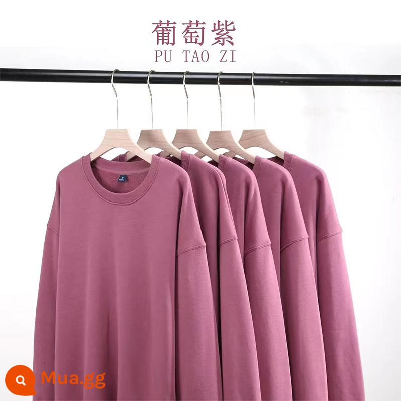 Áo thun cotton nguyên chất có in logo theo yêu cầu, quần áo làm việc bằng nhung mùa thu đông, đồng phục cổ tròn tùy chỉnh, tay dài, quần áo làm việc in theo yêu cầu - nho tím