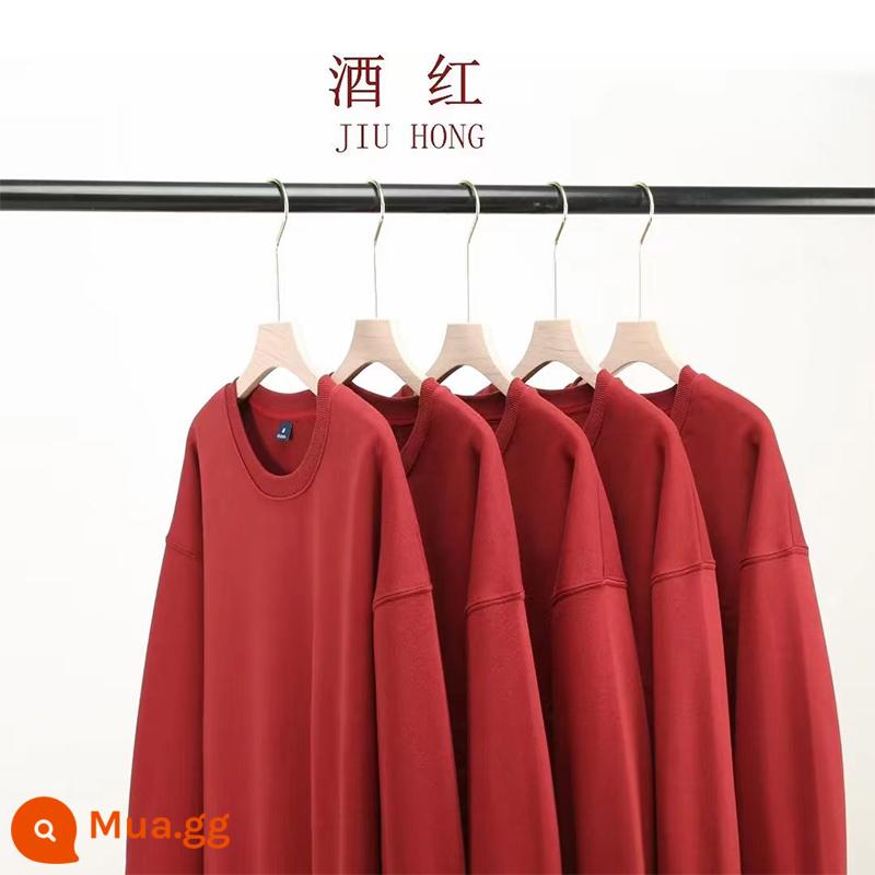 Áo thun cotton nguyên chất có in logo theo yêu cầu, quần áo làm việc bằng nhung mùa thu đông, đồng phục cổ tròn tùy chỉnh, tay dài, quần áo làm việc in theo yêu cầu - rượu vang đỏ