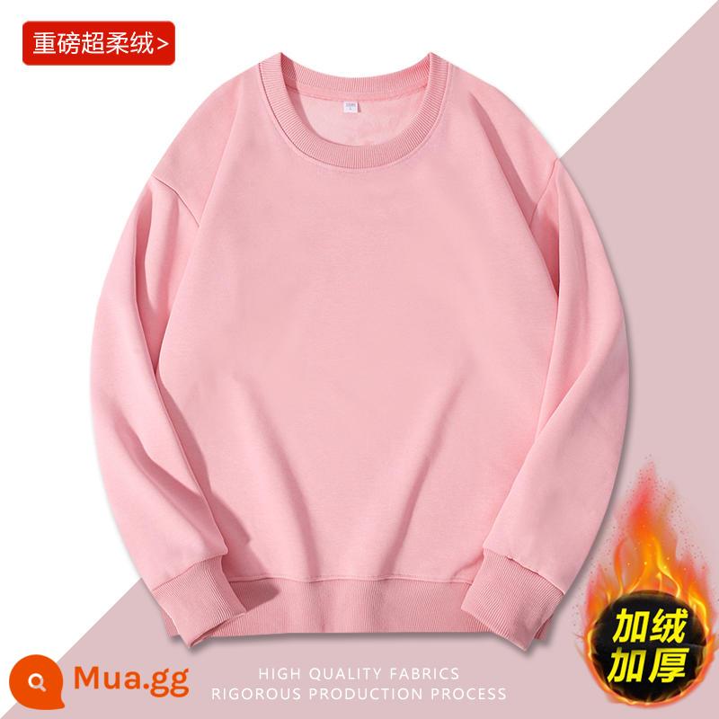 Áo thun cotton nguyên chất có in logo theo yêu cầu, quần áo làm việc bằng nhung mùa thu đông, đồng phục cổ tròn tùy chỉnh, tay dài, quần áo làm việc in theo yêu cầu - Màu hồng [mẫu dày nhung]