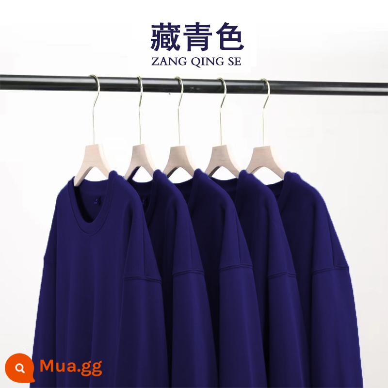 Áo thun cotton nguyên chất có in logo theo yêu cầu, quần áo làm việc bằng nhung mùa thu đông, đồng phục cổ tròn tùy chỉnh, tay dài, quần áo làm việc in theo yêu cầu - Màu xanh hải quân