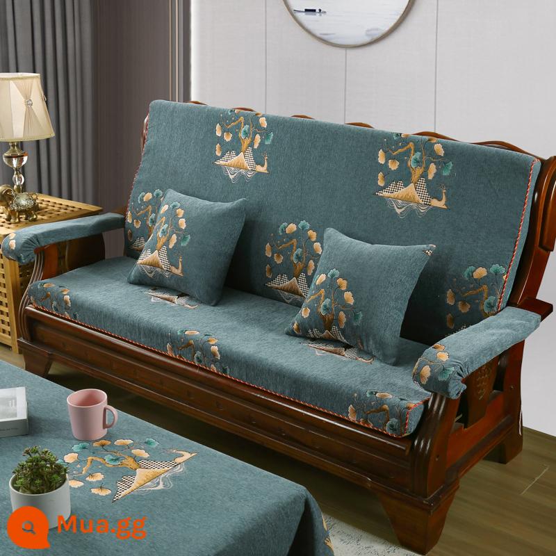 Đệm sofa gỗ gụ kiểu cũ bằng gỗ chắc chắn, ghế mùa xuân và mùa thu, ba người có tựa lưng, đệm xốp mật độ cao của Trung Quốc - Màu xanh con công Yushu Zhilan Xám