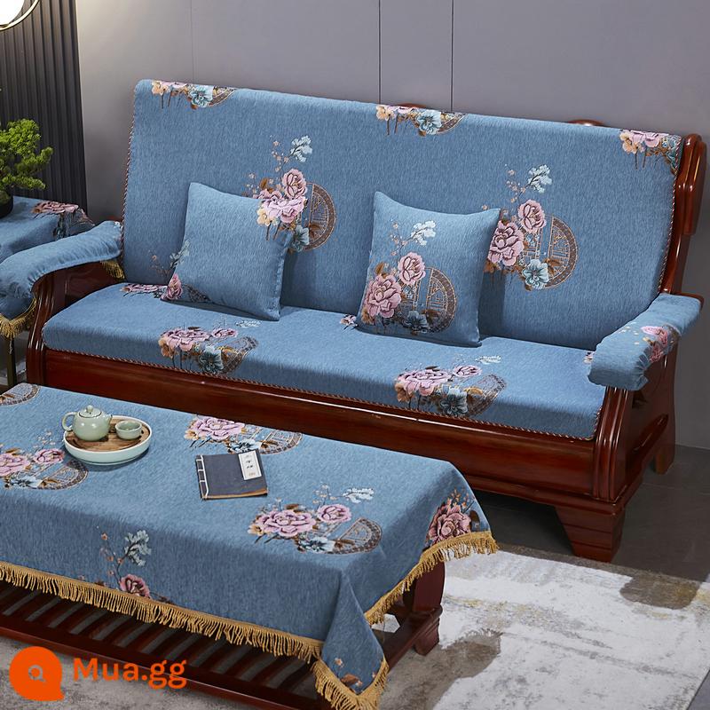 Đệm sofa gỗ gụ kiểu cũ bằng gỗ chắc chắn, ghế mùa xuân và mùa thu, ba người có tựa lưng, đệm xốp mật độ cao của Trung Quốc - hoa mùa xuân