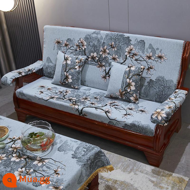 Đệm sofa gỗ gụ kiểu cũ bằng gỗ chắc chắn, ghế mùa xuân và mùa thu, ba người có tựa lưng, đệm xốp mật độ cao của Trung Quốc - hoa lan vàng xanh xám