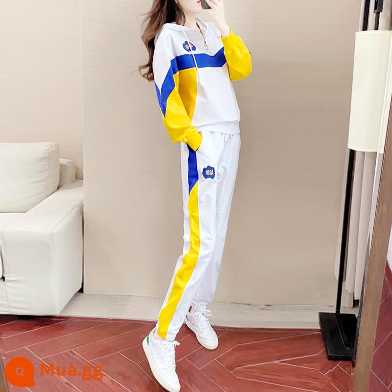 Ga Châu Âu Áo Bộ Đồ Thể Thao Nữ Xuân Thu 2023 Thời Trang Mới Hoodie 2 Hợp Thời Trang - Bộ đồ màu trắng xanh và vàng