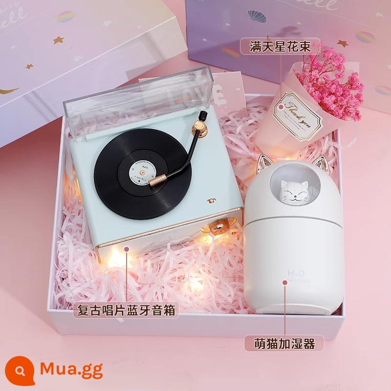 Báo động retro loa bluetooth loa không dây âm thanh nhỏ mini -heavy bass cao -trình ăn bản ghi vinyl chất lượng - Xanh nhạt + Máy tạo độ ẩm [Hộp Quà Tinh Tế]