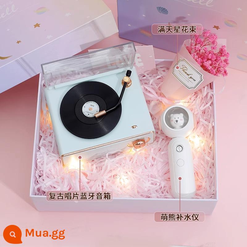 Báo động retro loa bluetooth loa không dây âm thanh nhỏ mini -heavy bass cao -trình ăn bản ghi vinyl chất lượng - Xanh nhạt + Kem dưỡng ẩm-[Hộp Quà Tinh Tế]