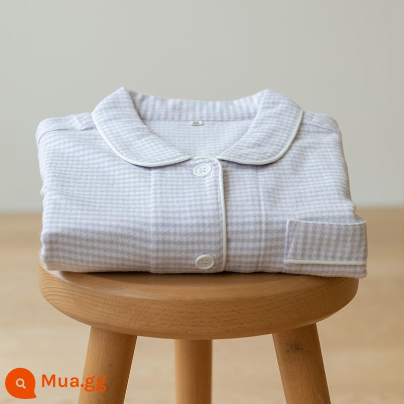 Nguyên chất Nhật Bản cotton chải nhung xuân thu cổ điển sọc dài tay quần cặp đôi Bộ đồ ngủ mùa thu 2 quần áo mặc ở nhà - Lưới tím - mẫu nữ, vừa phải