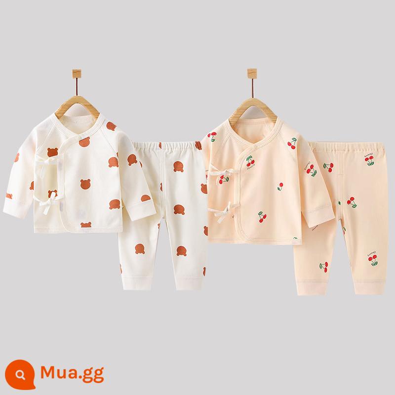 Quần áo trẻ sơ sinh, quần áo sư, bộ áo và quần lót cotton nguyên chất mùa thu đông 3 bộ áo và quần lót cho bé sơ sinh loại A - Đầu gấu nhỏ + quả anh đào nhỏ (có thể mở được) bông nguyên chất không xương