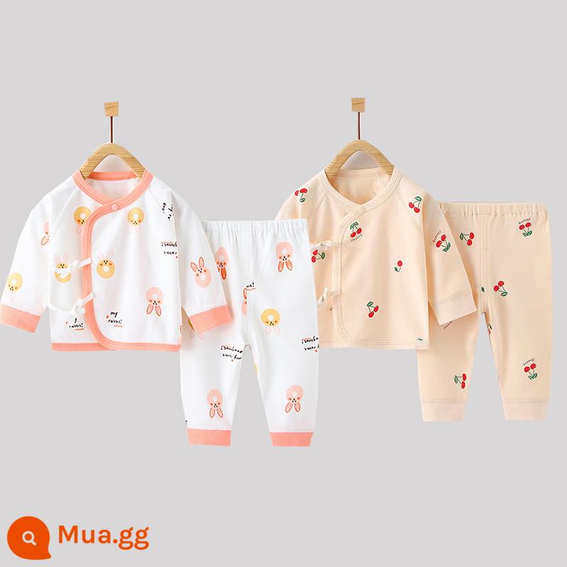 Quần áo trẻ sơ sinh, quần áo sư, bộ áo và quần lót cotton nguyên chất mùa thu đông 3 bộ áo và quần lót cho bé sơ sinh loại A - Thỏ nhỏ màu hồng + quả anh đào nhỏ (có thể mở được) cotton nguyên chất không xương