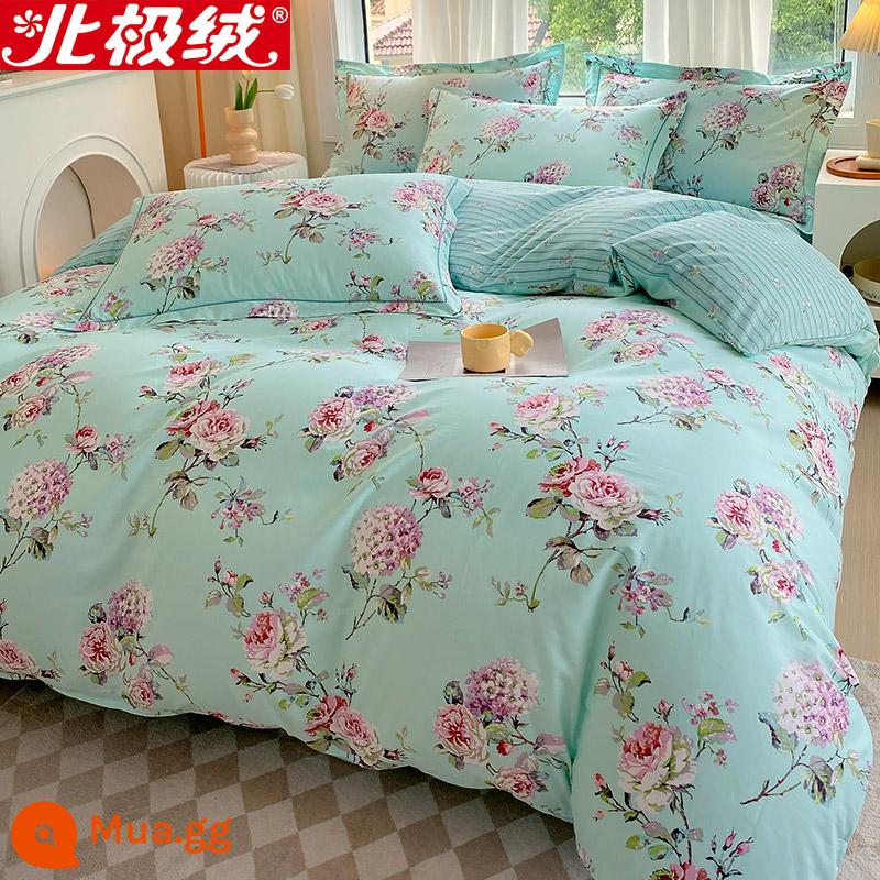 Nhung Bắc Cực Giường Bốn Bộ Cotton Nguyên Chất 100 Tờ Vỏ Chăn 3 Trang Bị Tấm Đơn Giản Chăn Ga Gối Mùa Đông 4 - Nhị hoa trang điểm đầu tiên