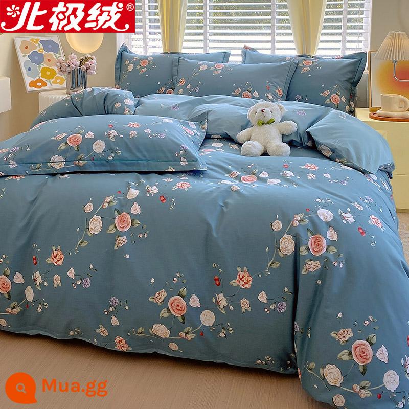 Nhung Bắc Cực Giường Bốn Bộ Cotton Nguyên Chất 100 Tờ Vỏ Chăn 3 Trang Bị Tấm Đơn Giản Chăn Ga Gối Mùa Đông 4 - nhung xanh