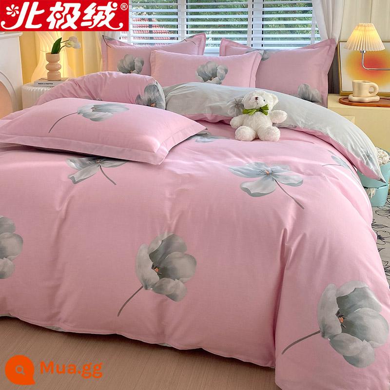 Nhung Bắc Cực Giường Bốn Bộ Cotton Nguyên Chất 100 Tờ Vỏ Chăn 3 Trang Bị Tấm Đơn Giản Chăn Ga Gối Mùa Đông 4 - Cảm xúc trẻ trung-Hồng