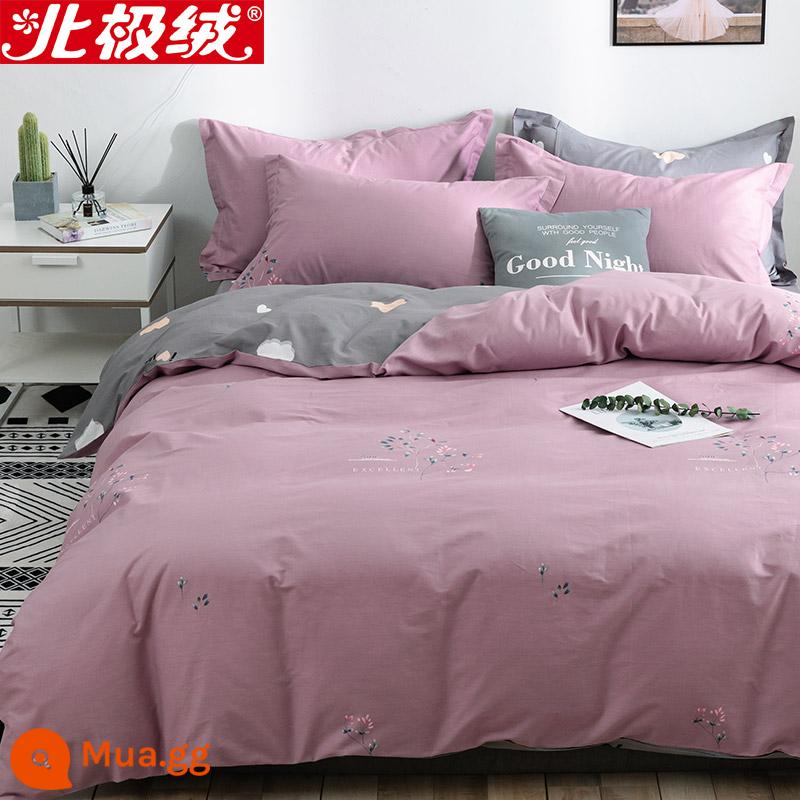 Nhung Bắc Cực Giường Bốn Bộ Cotton Nguyên Chất 100 Tờ Vỏ Chăn 3 Trang Bị Tấm Đơn Giản Chăn Ga Gối Mùa Đông 4 - Nghệ thuật thêu-Đậu tím