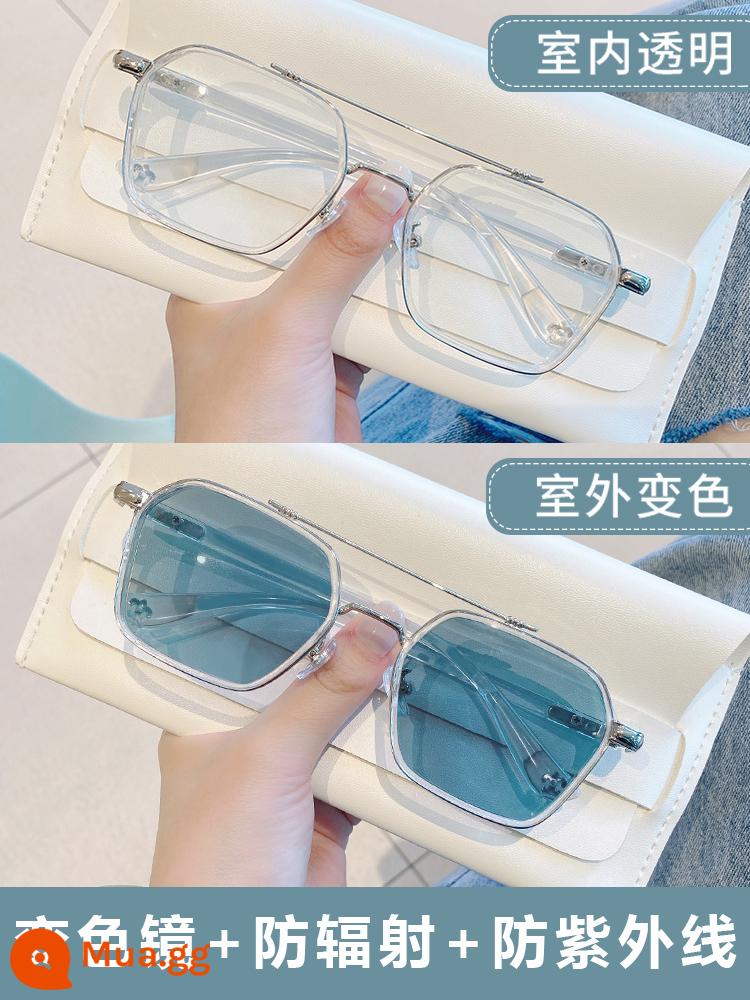 Kính photochromic khung kính hai chùm chống bức xạ xanh chống tia cực tím của phụ nữ Cận thị nam có thể được trang bị độ ánh sáng phẳng - Khung phim màu xanh trong suốt 0 độ [đổi màu + bảo vệ bức xạ + chống tia cực tím]