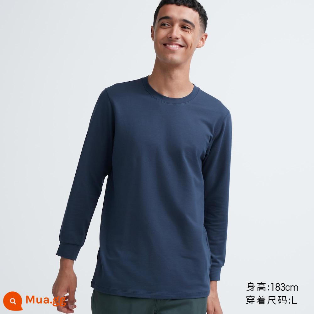 Uniqlo Nam Heattech Cotton Cổ Tròn Quần Legging Giữ Nhiệt Quần Áo Thu Đông Quần Áo Quần Lót Sản Phẩm Mới 461008 - Áo thun 461008/68 xanh biển đậm