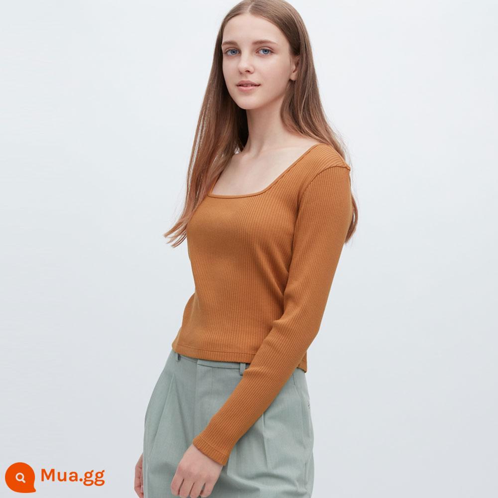 Áo phông ngắn cổ vuông sọc ngang cotton Uniqlo cho nữ (áo ngắn đáy ngắn cạp cao) 456002 UNIQLO - 34 con lạc đà