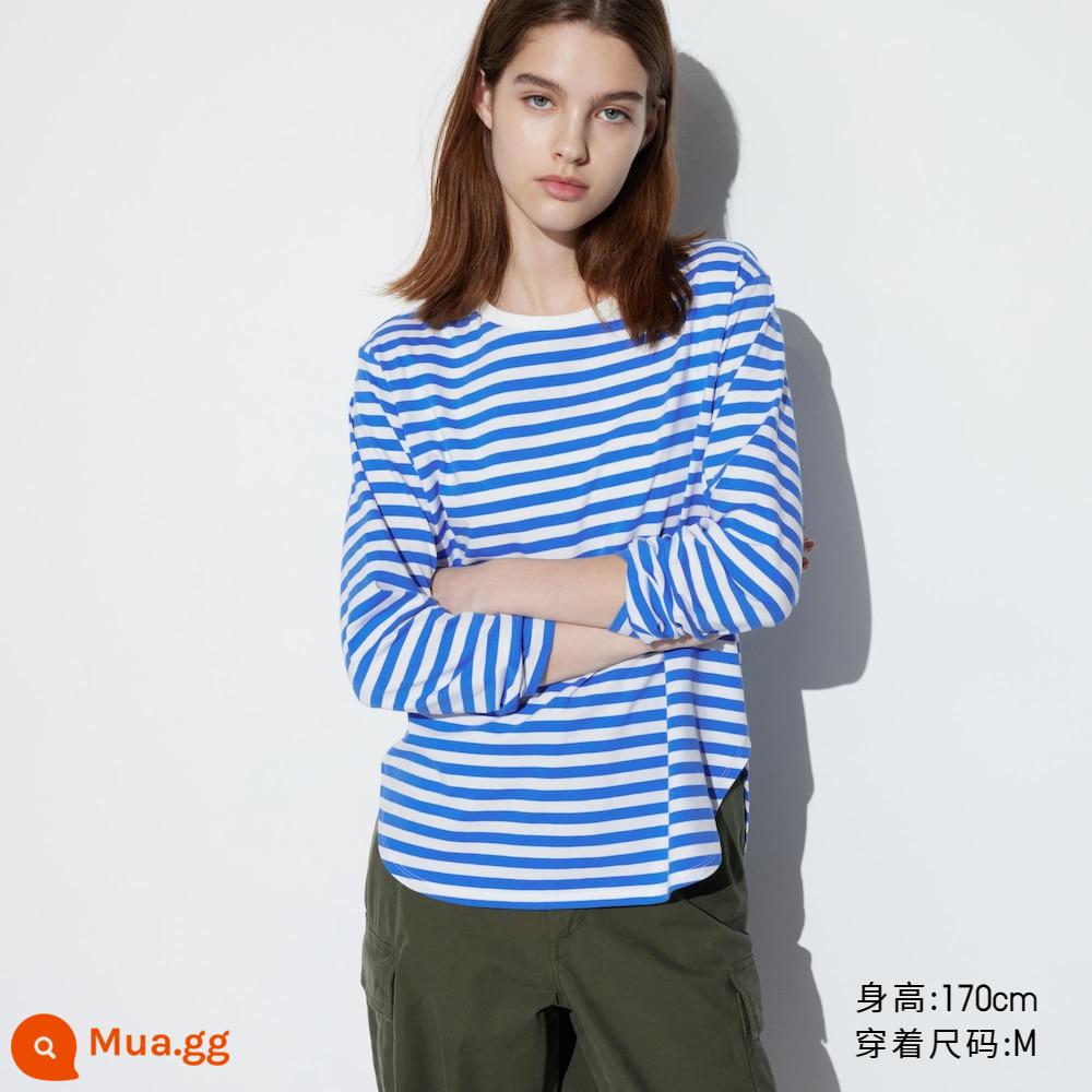 Uniqlo nữ cotton mềm viền cong viền cổ tròn dài tay nữ tính 466731 - 468747/64 hồ xanh