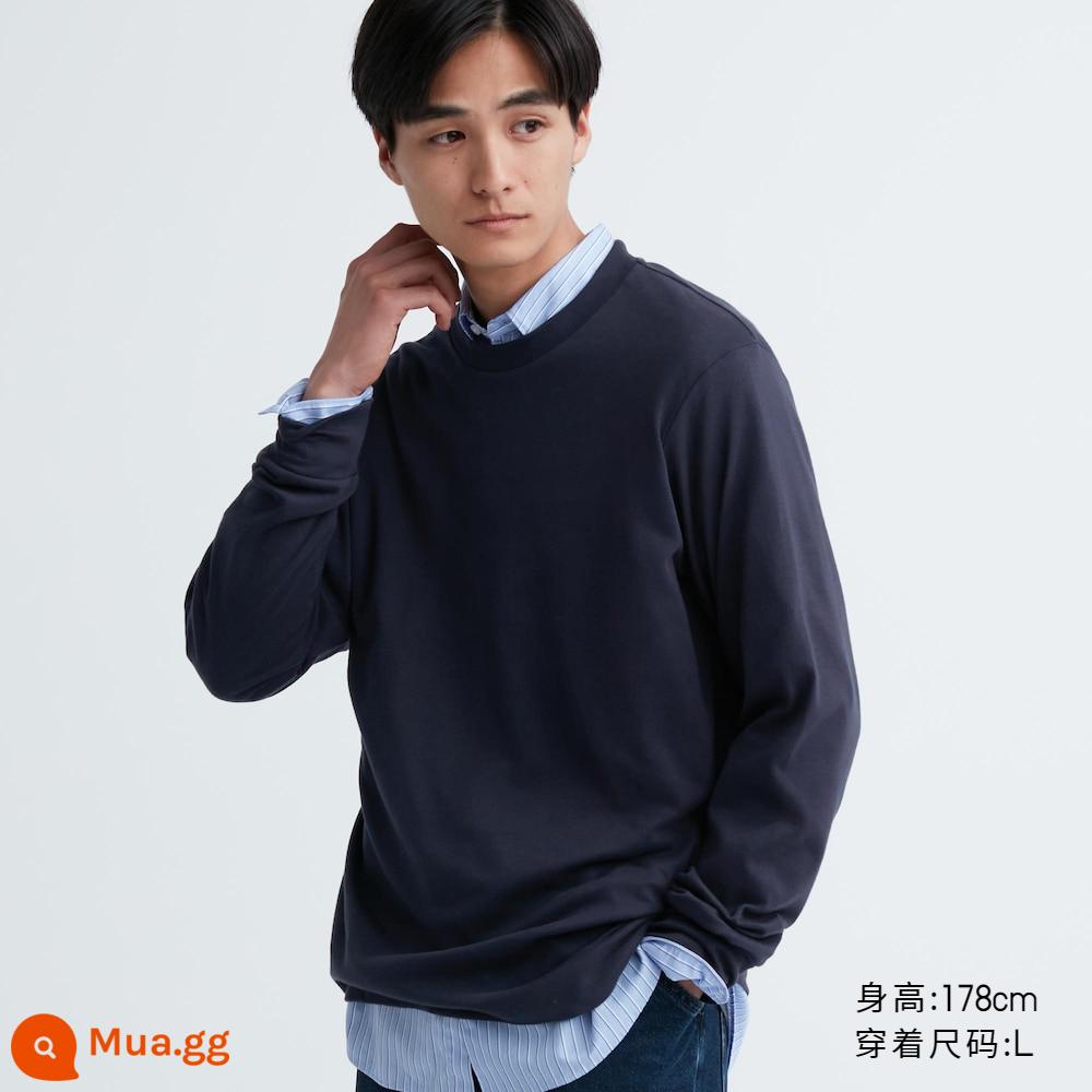 Áo thun cổ tròn mềm mại Uniqlo nam nữ giản dị cotton Mỹ lớp bên trong hàng đầu mùa thu 460319 - 69 xanh nước biển