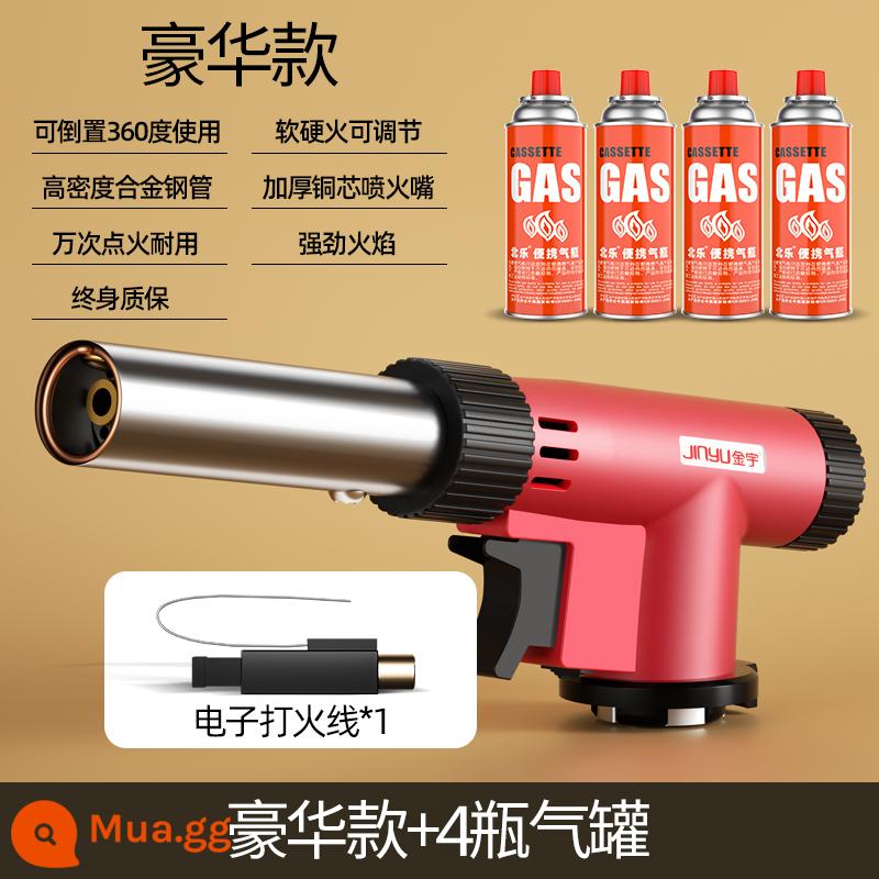 Jinyu súng phun súng hàn lửa súng kẹp tóc bình gas đốt lông lợn súng phun lửa phun rang súng đánh lửa gas - Model màu đỏ sang trọng (có thể đảo chiều + lửa mềm và lửa cứng + điều chỉnh công suất lửa) + 4 bình gas