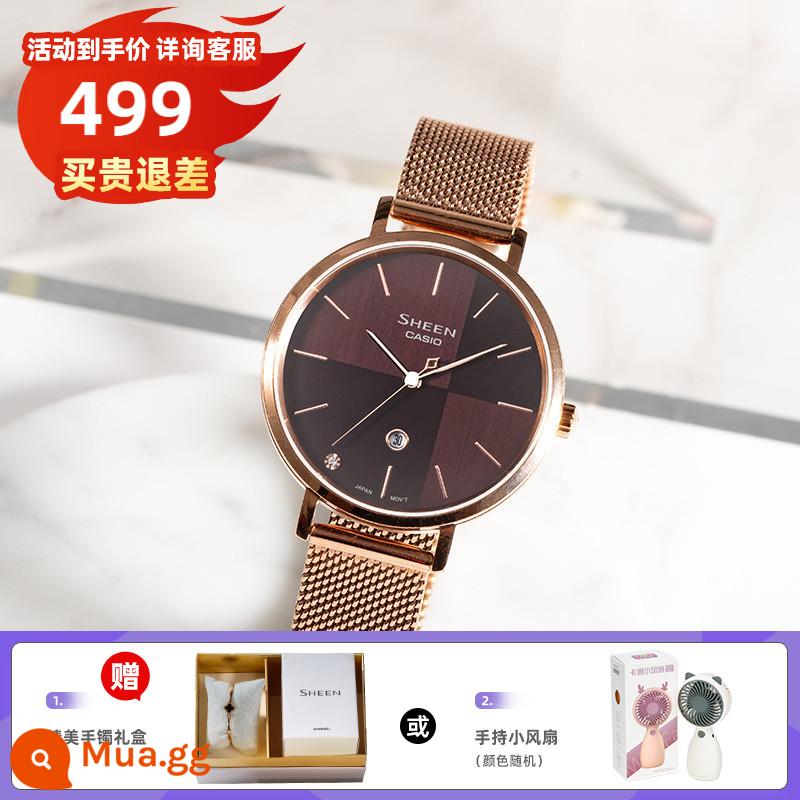 Đồng hồ CASIO nữ ánh sáng sang trọng thích hợp đơn giản thời trang đồng hồ quartz sáng bóng đồng hồ nữ chính hãng SHE4539/4540 - 8.SHE-4547PGM-5AUPR vòng tay tinh tế và hộp quà tặng hoặc quạt cầm tay nhỏ