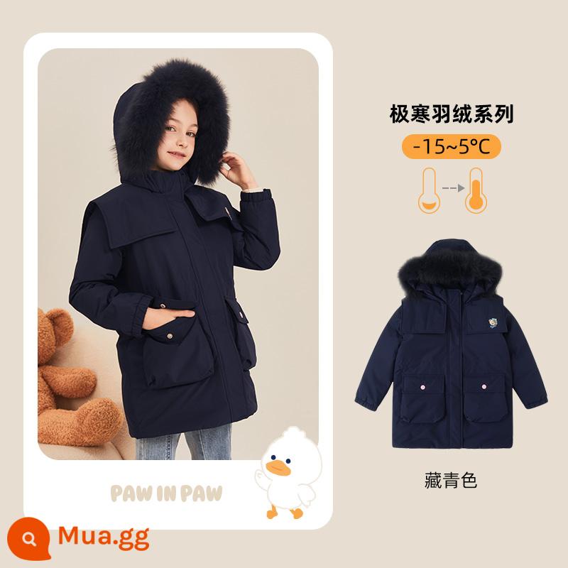 [90% Goose Down] PawinPaw Cartoon Bear Quần áo trẻ em 2023 Mùa đông cho bé gái Phiên bản dài Áo khoác có mũ trùm đầu ba lớp chống thấm - Xanh navy/59