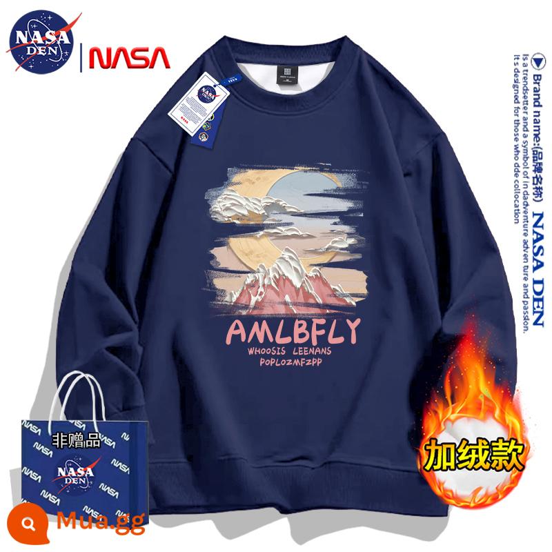 Áo nỉ hạng nặng của NASA dành cho nam giới phong cách hip-hop retro kiểu Mỹ cộng với nhung giản dị phù hợp với áo dài tay cổ tròn mùa thu đông - Màu xanh hải quân (cộng với nhung)