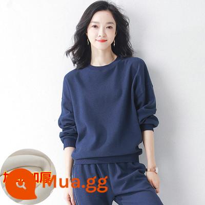 Cotton waffle Plus nhung dày dặn thể thao nữ mùa xuân thu đông 2022 thời trang mới cổ tròn dài tay thường cotton dày dặn - Màu xanh hải quân [cộng với cashmere]