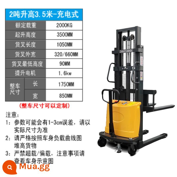 1 tấn, 2 -Ton heap bán điện cao -machine Máy nâng tự động nhỏ Xử lý xử lý tải và dỡ hàng hóa thủy lực Cao thịt bò cao - [Chất lượng cao] Sạc 2 tấn nâng 3,5 mét