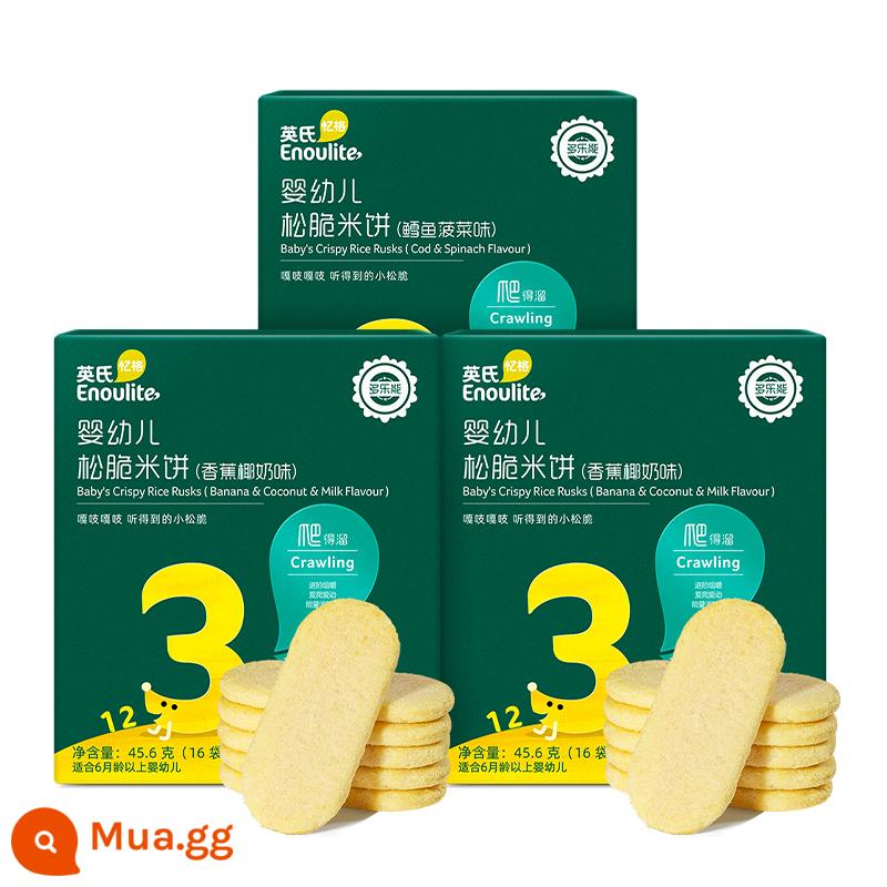 Bánh gạo giòn của Anh tạo điều kiện thuận lợi cho bữa ăn nhẹ của trẻ em Bánh gạo của Anh Cửa hàng hàng đầu chính thức đặt hàng thứ ba để gửi thực phẩm bổ sung cho trẻ em - 2 hộp vị chuối cốt dừa + 1 hộp vị cá tuyết và mồng tơi