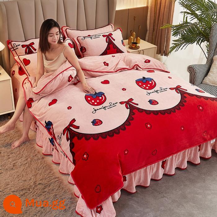 Sữa dày Velvet Bốn bộ bộ Velvet Velvet ấm áp đôi Velvet Velvet Quilting Gold Mink Velvet Bed Bed Supplies - Chuyện dâu tây đỏ trắng