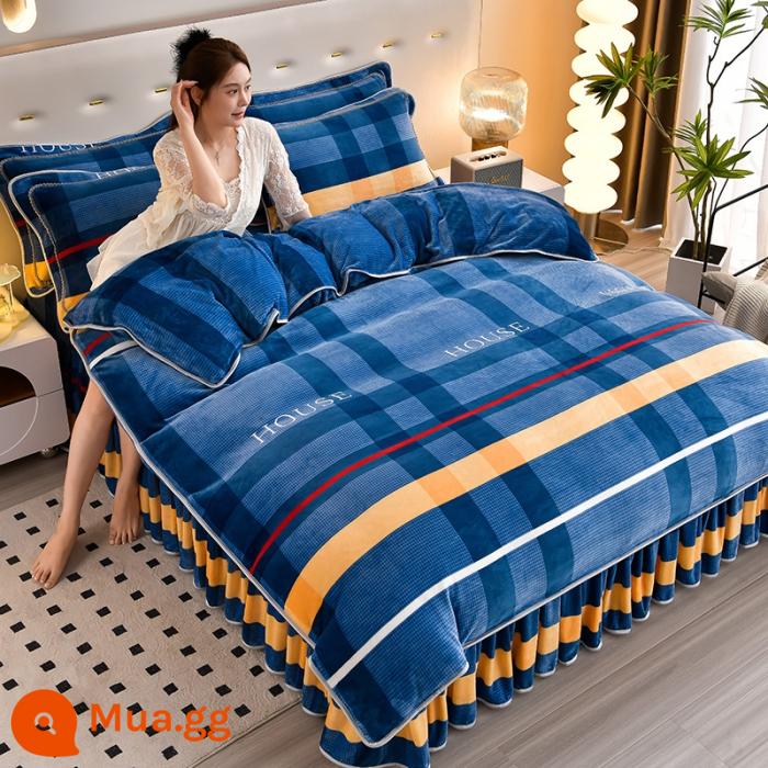 Sữa dày Velvet Bốn bộ bộ Velvet Velvet ấm áp đôi Velvet Velvet Quilting Gold Mink Velvet Bed Bed Supplies - màu xanh da trời