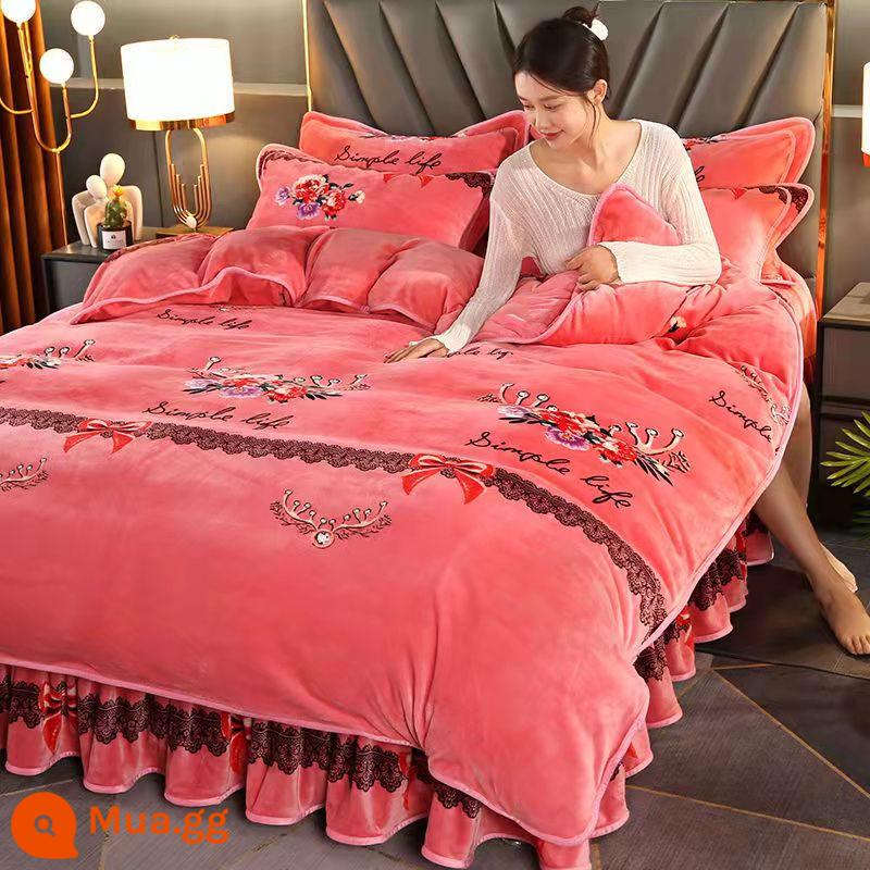 Sữa dày Velvet Bốn bộ bộ Velvet Velvet ấm áp đôi Velvet Velvet Quilting Gold Mink Velvet Bed Bed Supplies - hồng vừa hồng tình yêu