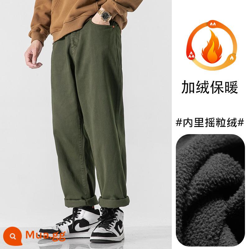 Quần âu WOODSOON quần tây nam cộng nhung cotton nguyên chất Mỹ quần tây nam đường phố mùa xuân và mùa thu quần ống rộng ống rộng - Xanh quân đội đậm [cộng với nhung]