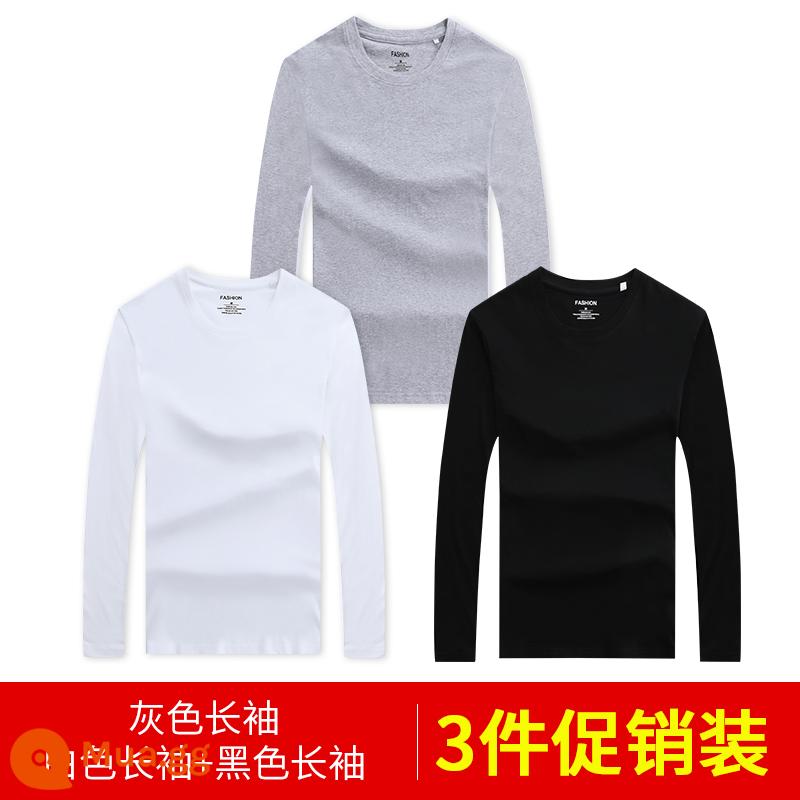 Áo thun nam dài tay mùa thu đông áo thun cotton trắng nguyên chất áo đáy quần mùa xuân hè ngắn tay bên trong dành cho nam - 3 cái 58) Tay áo dài (trắng + xám + đen) 100% cotton