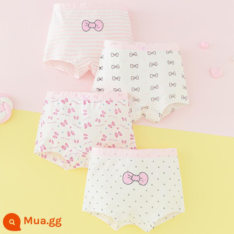 Quần lót trẻ em bé gái cotton nguyên chất tam giác cho bé 100% không kẹp mông PP bé gái con lớn quần lót boxer cotton - Nơ hồng (4 góc) Loại A Cotton nguyên chất không PP, 4 gói